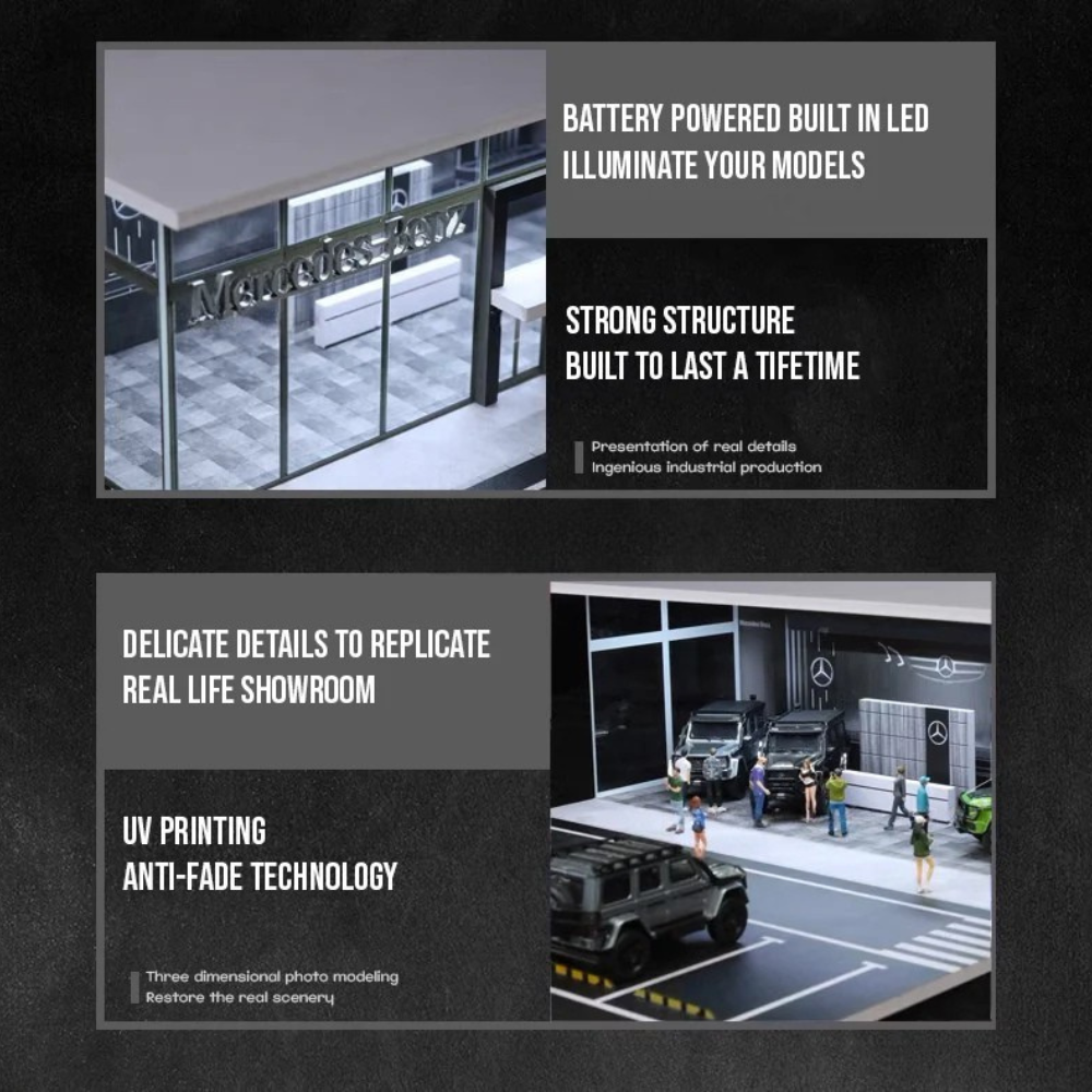 Mercedes Dealership Diorama 1/64 LED Display – Hot Wheels & Diecast Car Garage Showcase