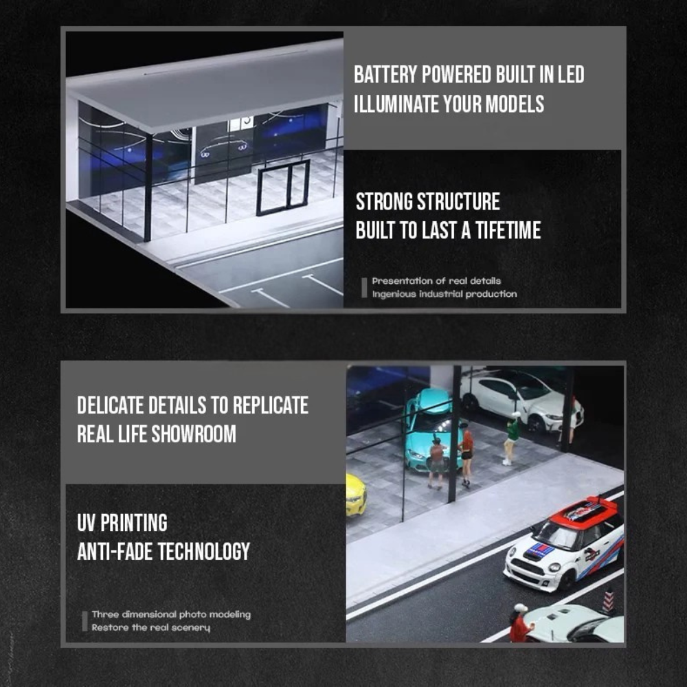 BMW Dealership Diorama 1/64 LED Display – Hot Wheels & Diecast Car Garage Showcase