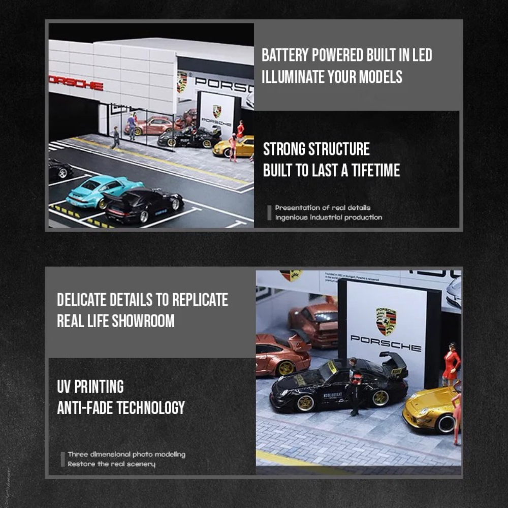 Porsche Dealership Diorama 1/64 LED Display – Hot Wheels & Diecast Car Garage Showcase